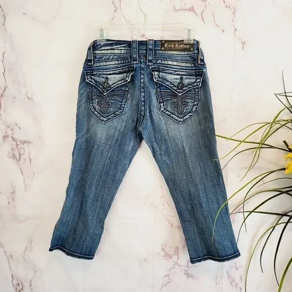 Rock Revival Blue Distressed Embroidered Capri Jeans - Picture 6 of 6